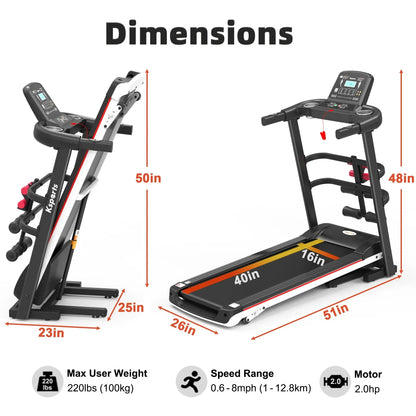 Folding treadmill with digital console, dimensions and features listed for home gym use
