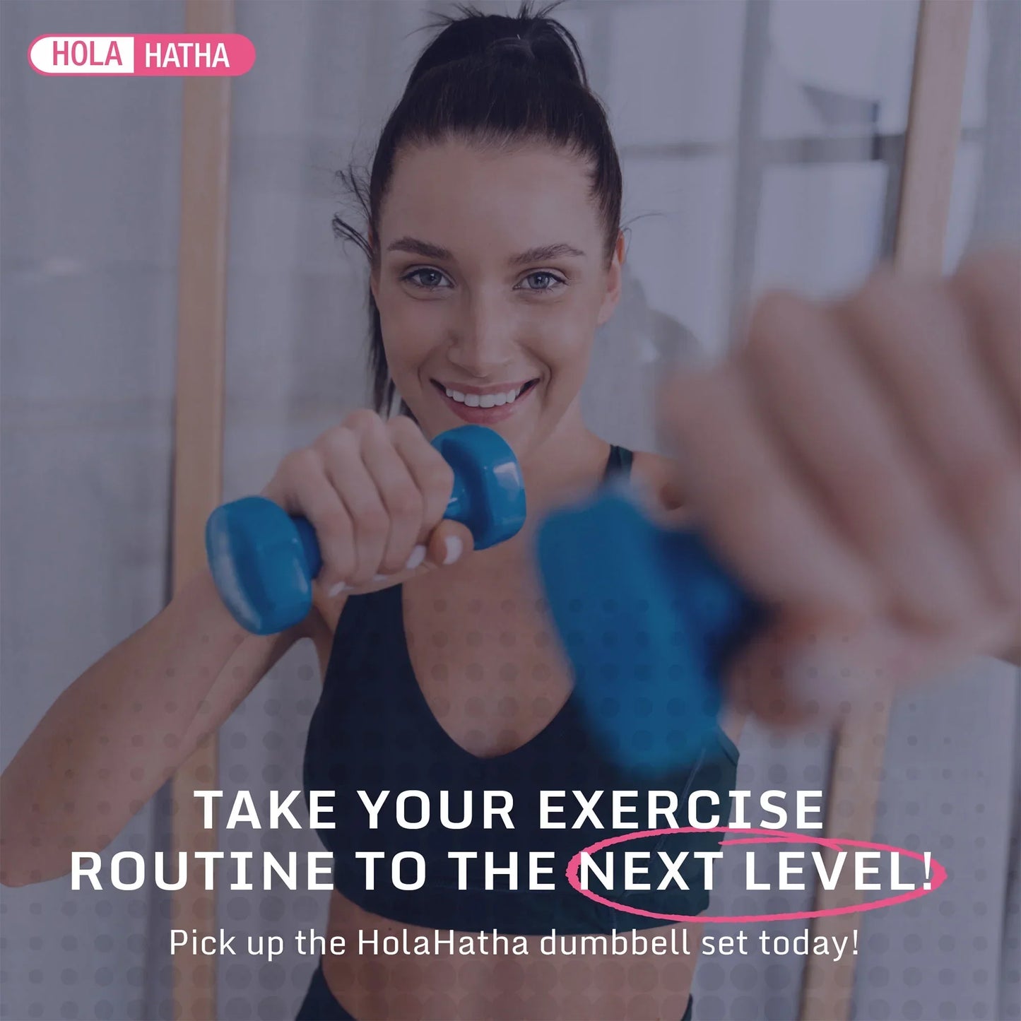 Woman exercising with blue dumbbells, promoting home gym fitness equipment and workout gear.