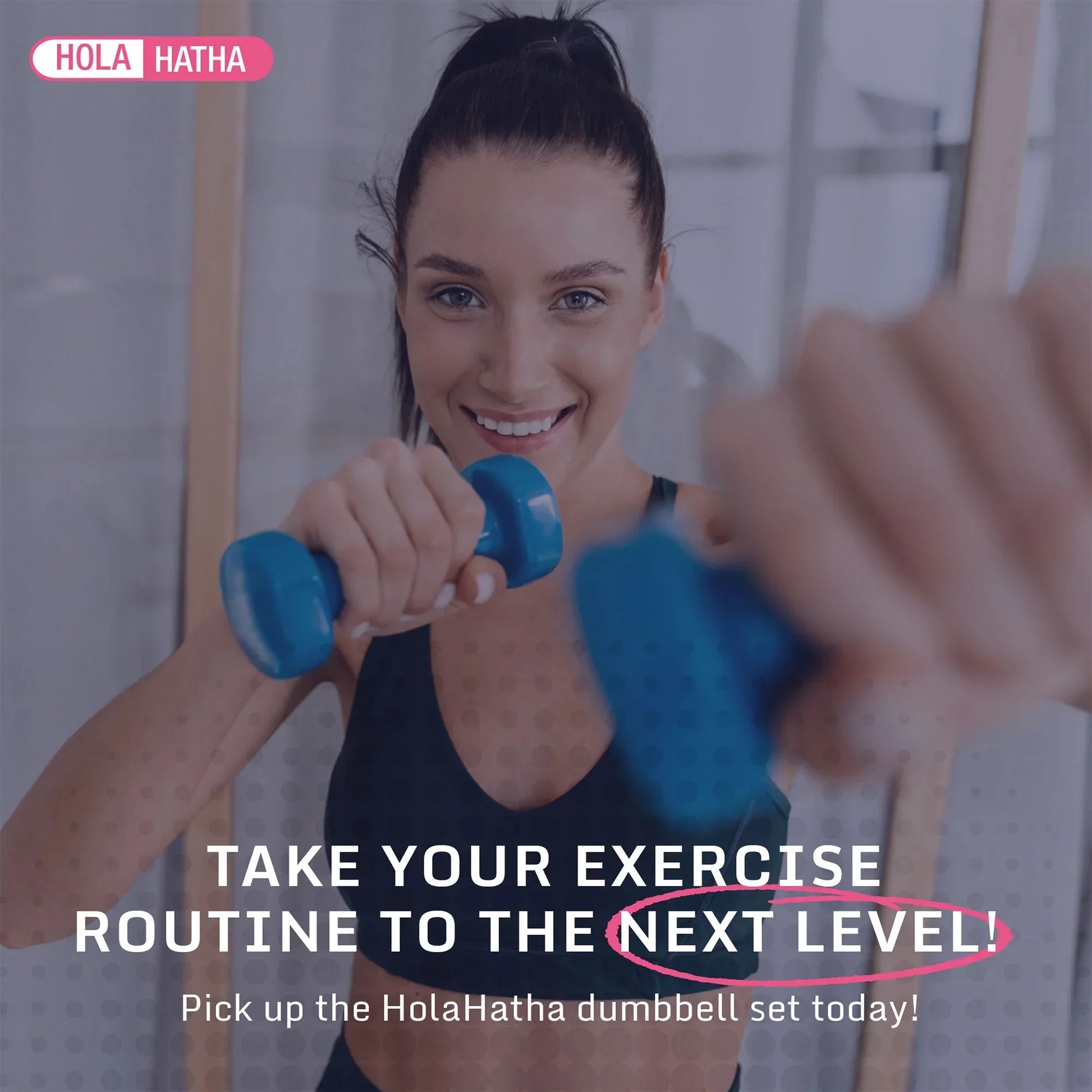Woman exercising with blue dumbbells, promoting home gym fitness equipment and workout gear.