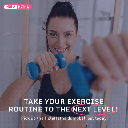 Woman exercising with blue dumbbells, promoting home gym fitness equipment and workout gear.