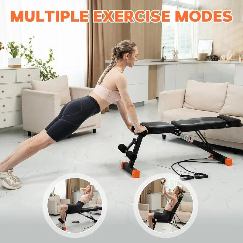 Woman using adjustable home gym workout bench for various exercise modes in living room