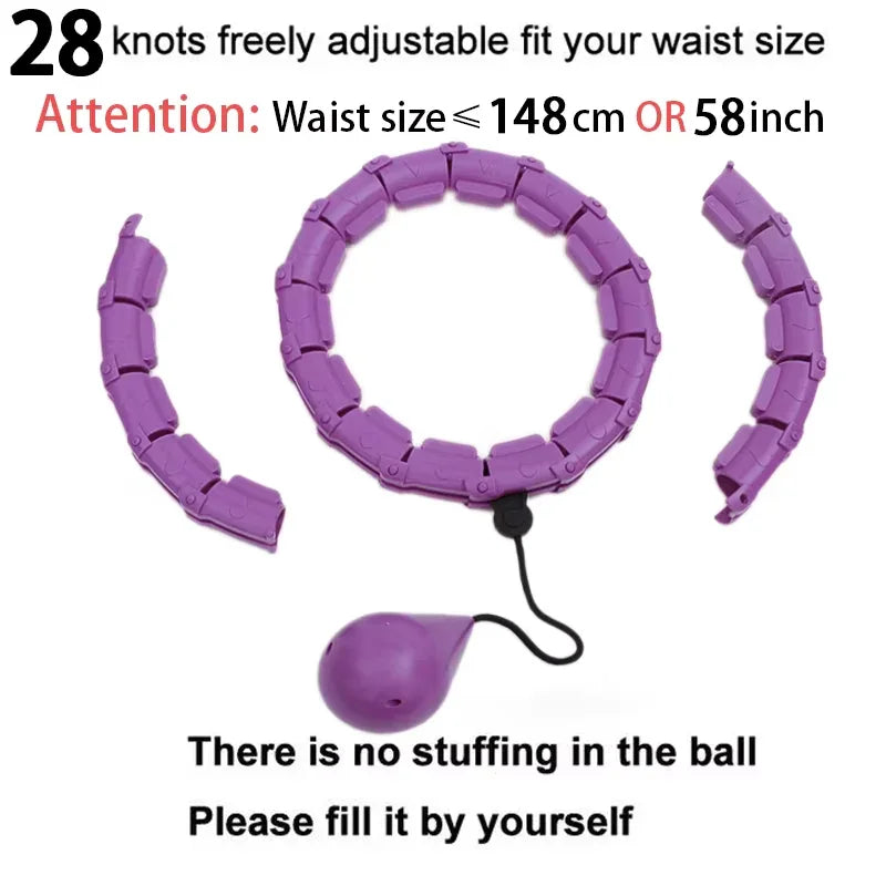 Adjustable 28-knot purple weighted hula hoop for fitness, suitable for waists up to 148cm.