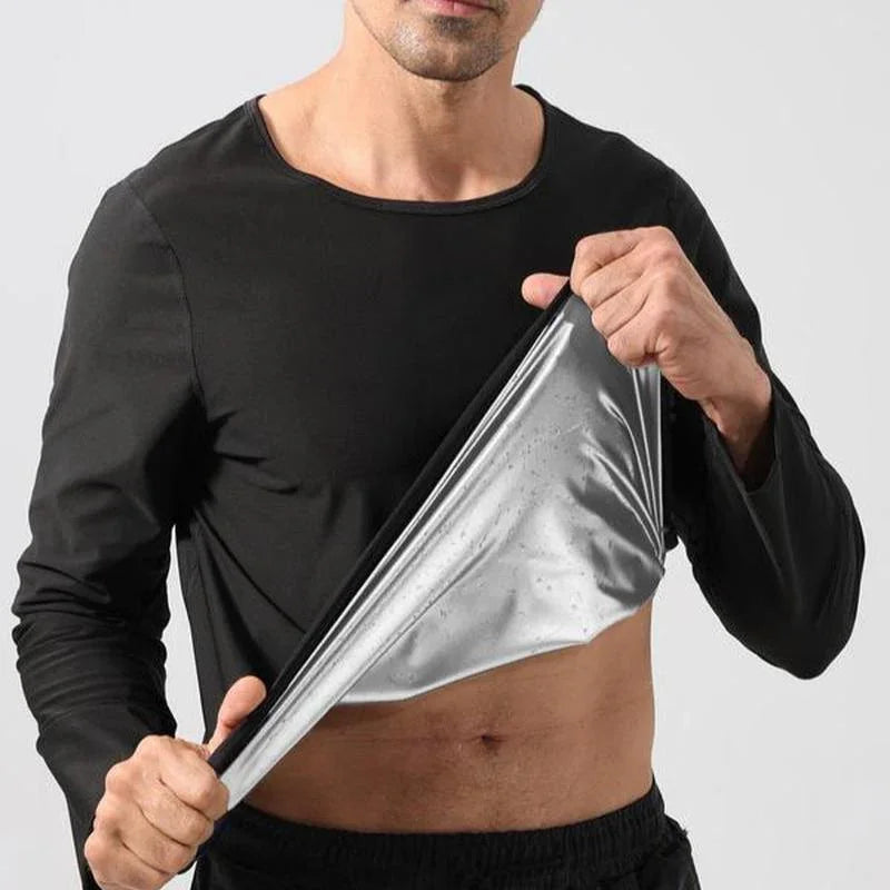 Man wearing black sauna workout shirt showing sweat-wicking silver inner lining