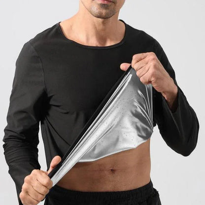 Man wearing black sauna workout shirt showing sweat-wicking silver inner lining