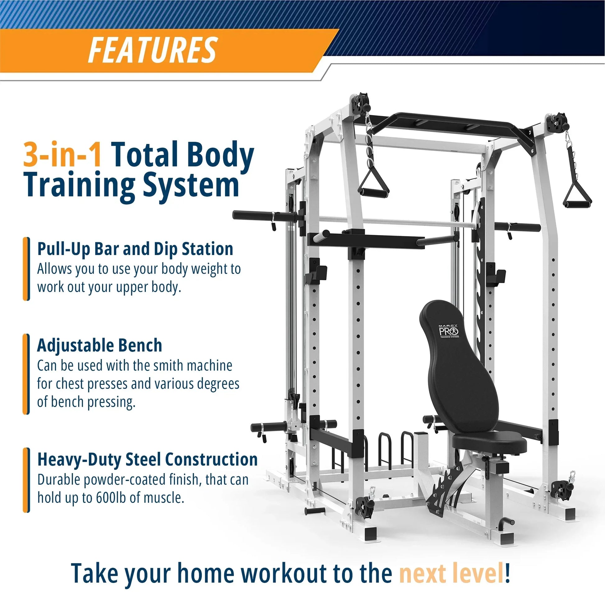 3-in-1 home gym system with pull-up bar, dip station, adjustable bench, heavy-duty steel frame