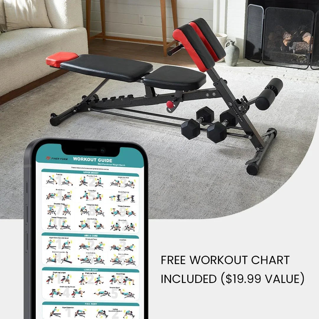 Adjustable workout bench with red and black padding in home gym setting, dumbbells underneath, and free digital workout chart displayed on smartphone.