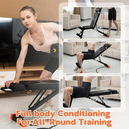 Woman using adjustable home gym bench for full body workouts in living room setting