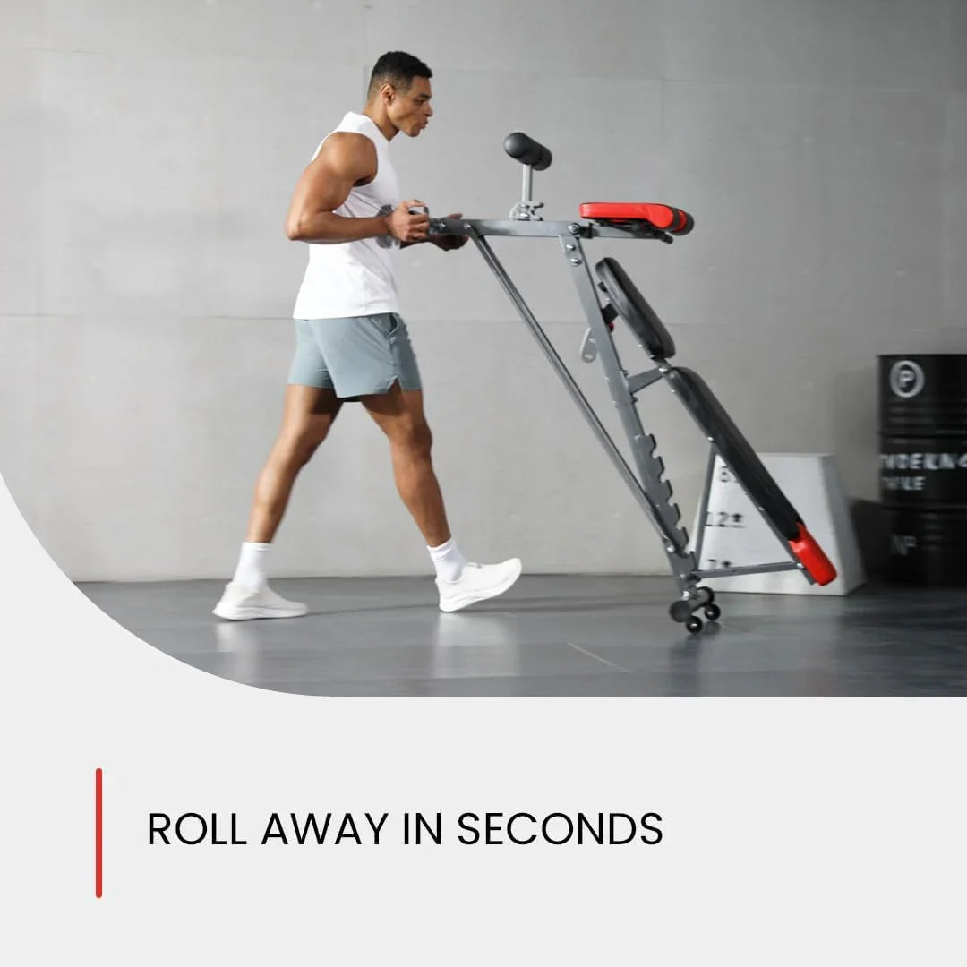 Man moving foldable weight bench with wheels in modern home gym setting