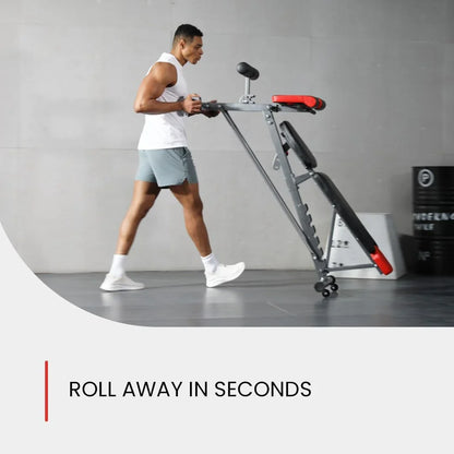 Man moving foldable weight bench with wheels in modern home gym setting