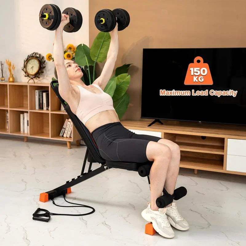 Woman doing dumbbell press on adjustable weight bench at home gym, max load 150kg