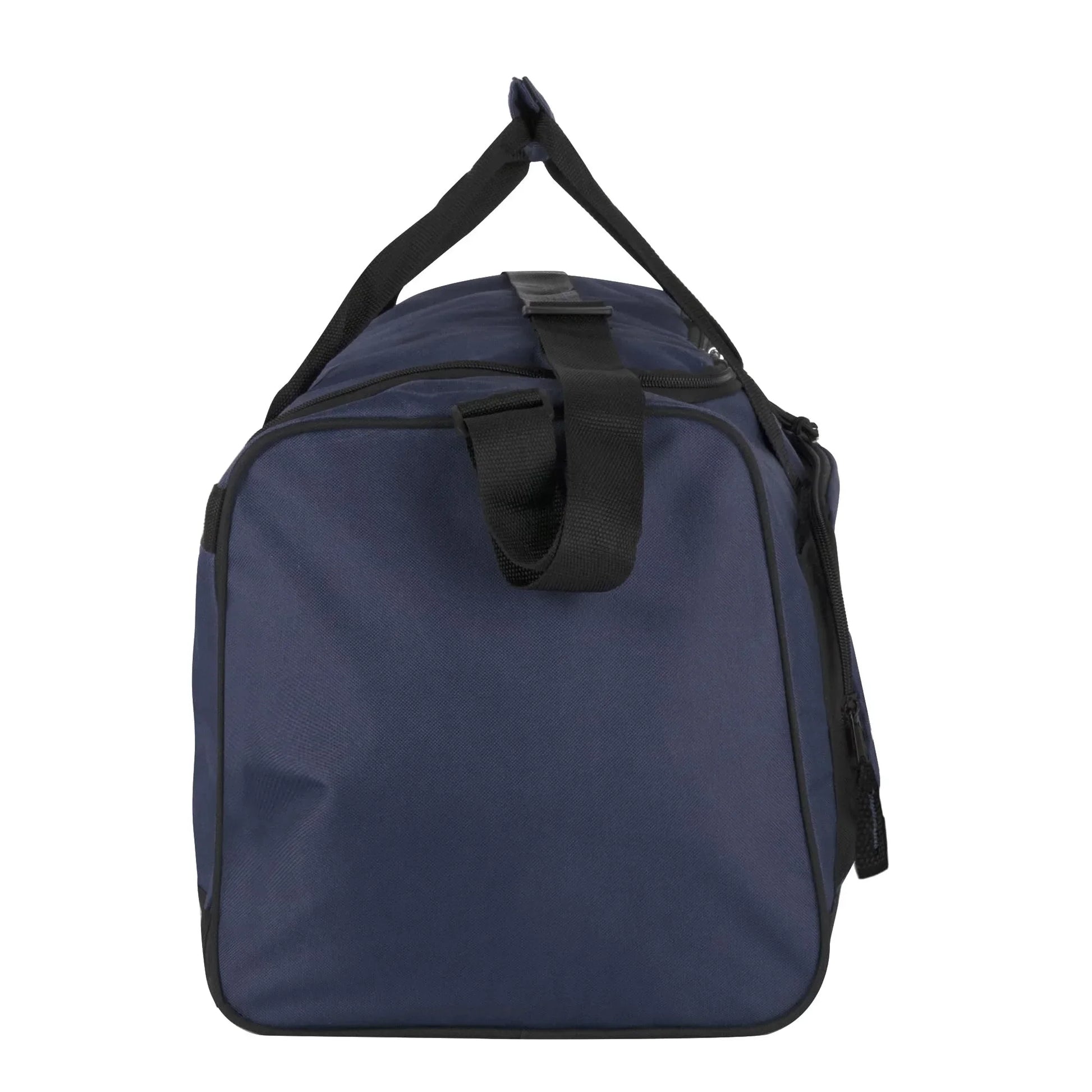 Navy blue gym duffel bag with black handles for fitness and workout gear