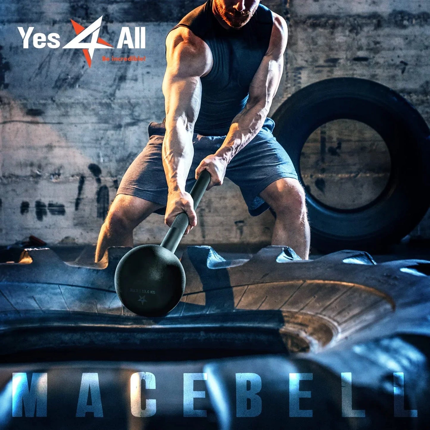 Athletic man using a steel macebell for strength training in an industrial gym setting