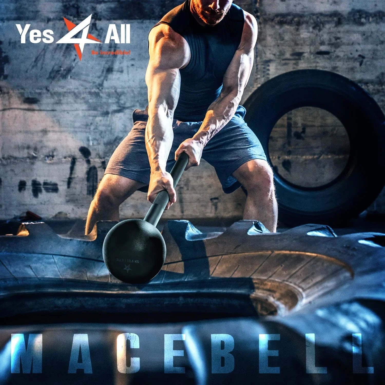 Athletic man using a steel macebell for strength training in an industrial gym setting