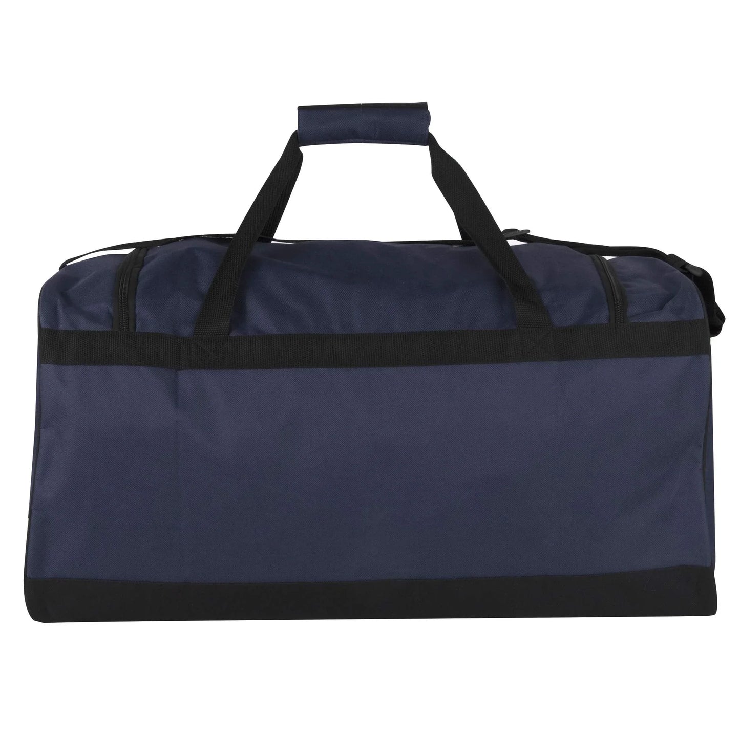 Navy blue duffel gym bag with black straps for fitness and workout gear storage