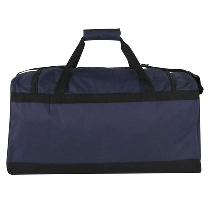 Navy blue duffel gym bag with black straps for fitness and workout gear storage