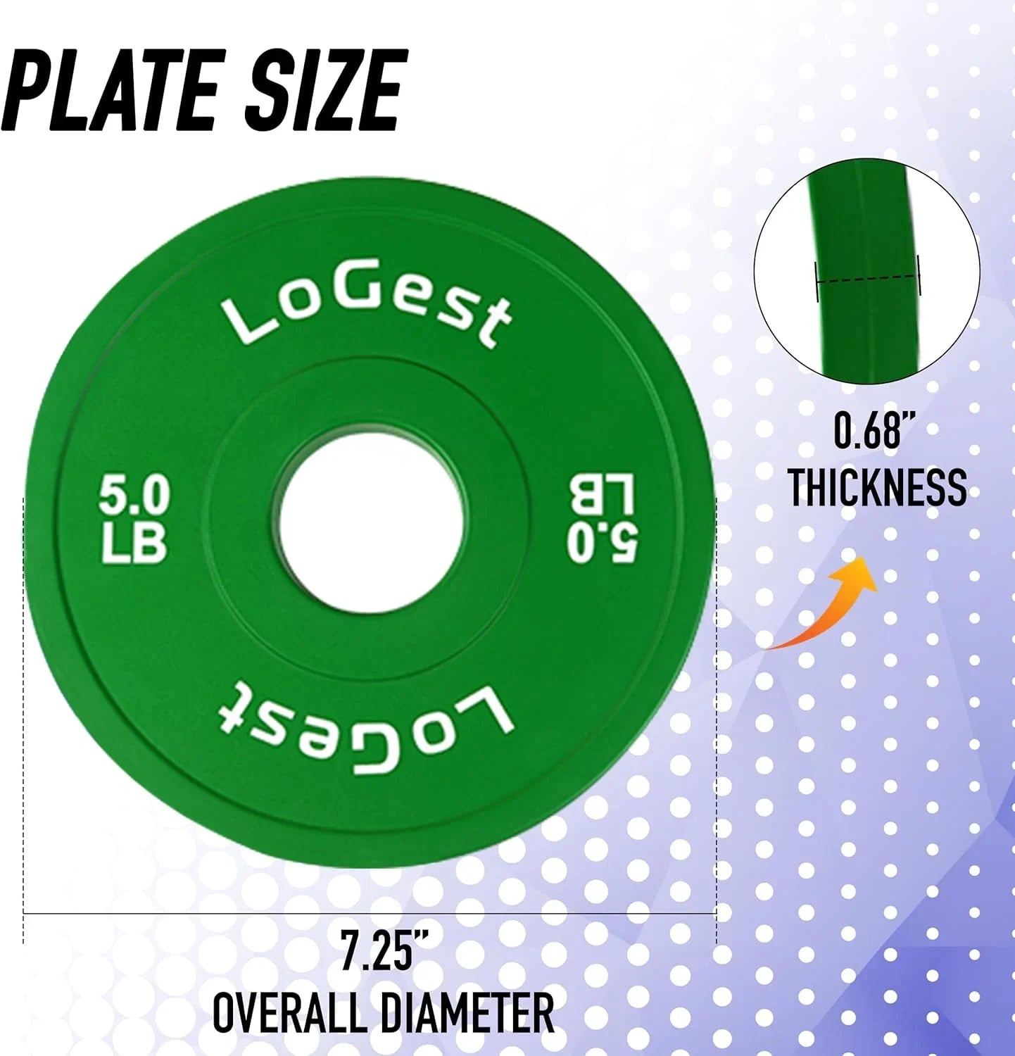 Green 5 lb weight plate with 7.25-inch diameter and 0.68-inch thickness, gym accessory