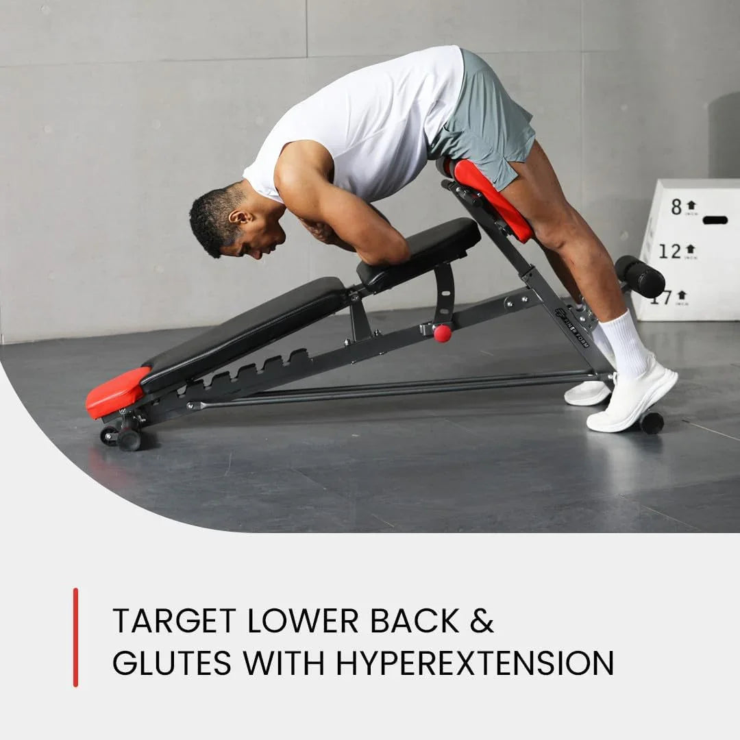 Man using adjustable hyperextension bench for lower back and glute exercise in home gym