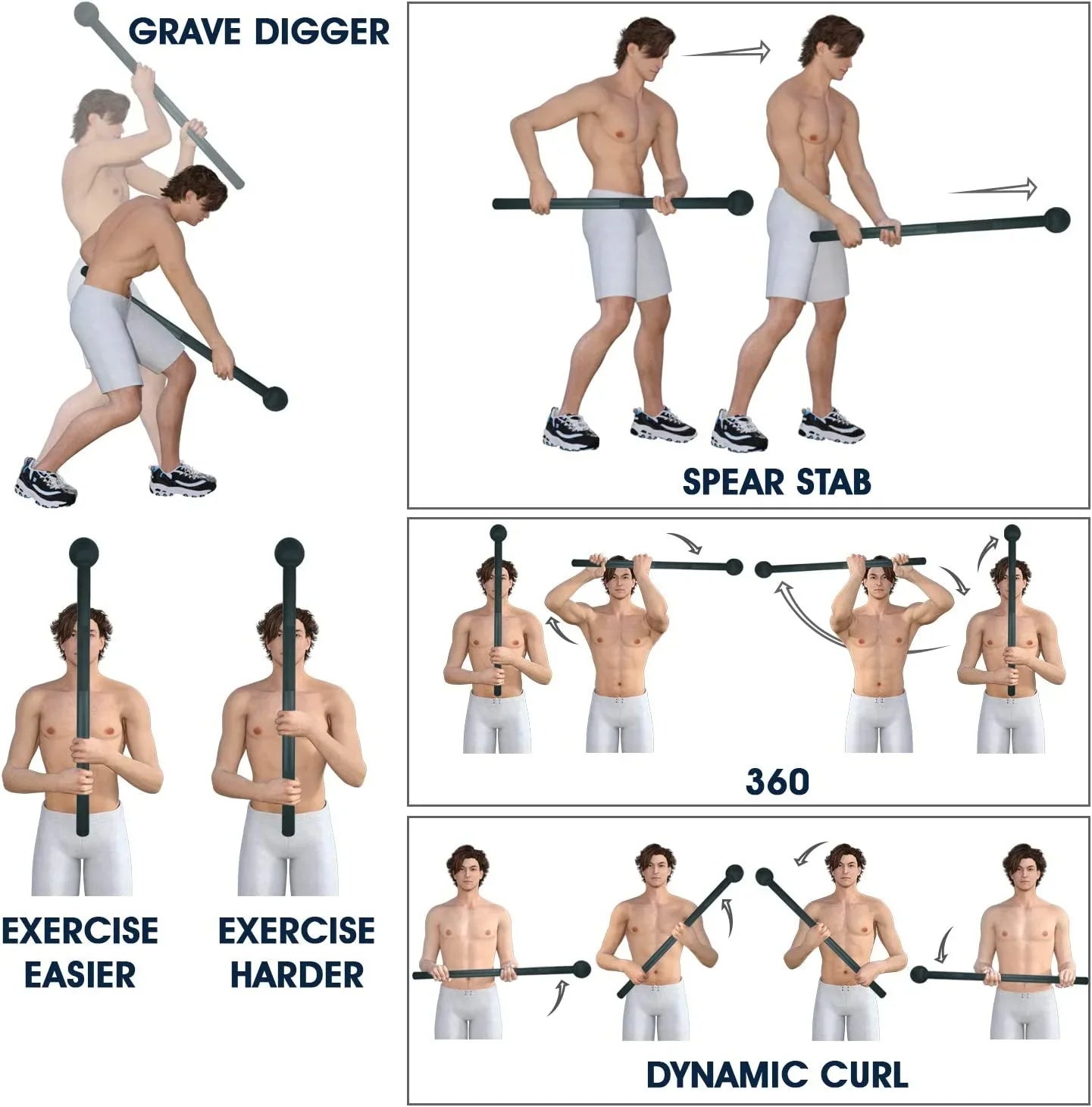 Man demonstrating steel mace exercises including grave digger, spear stab, 360, and dynamic curl