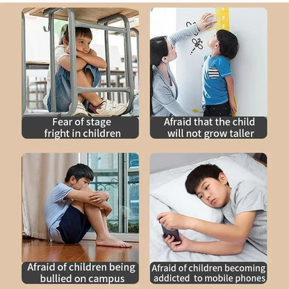 Four images of children showing common parental concerns: stage fright, height growth, bullying at school, and mobile phone addiction.