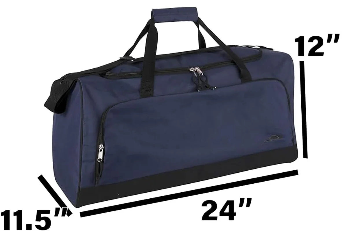 Navy blue gym duffel bag with zippered pocket, shoulder strap, and size dimensions 24x12x11.5 inches
